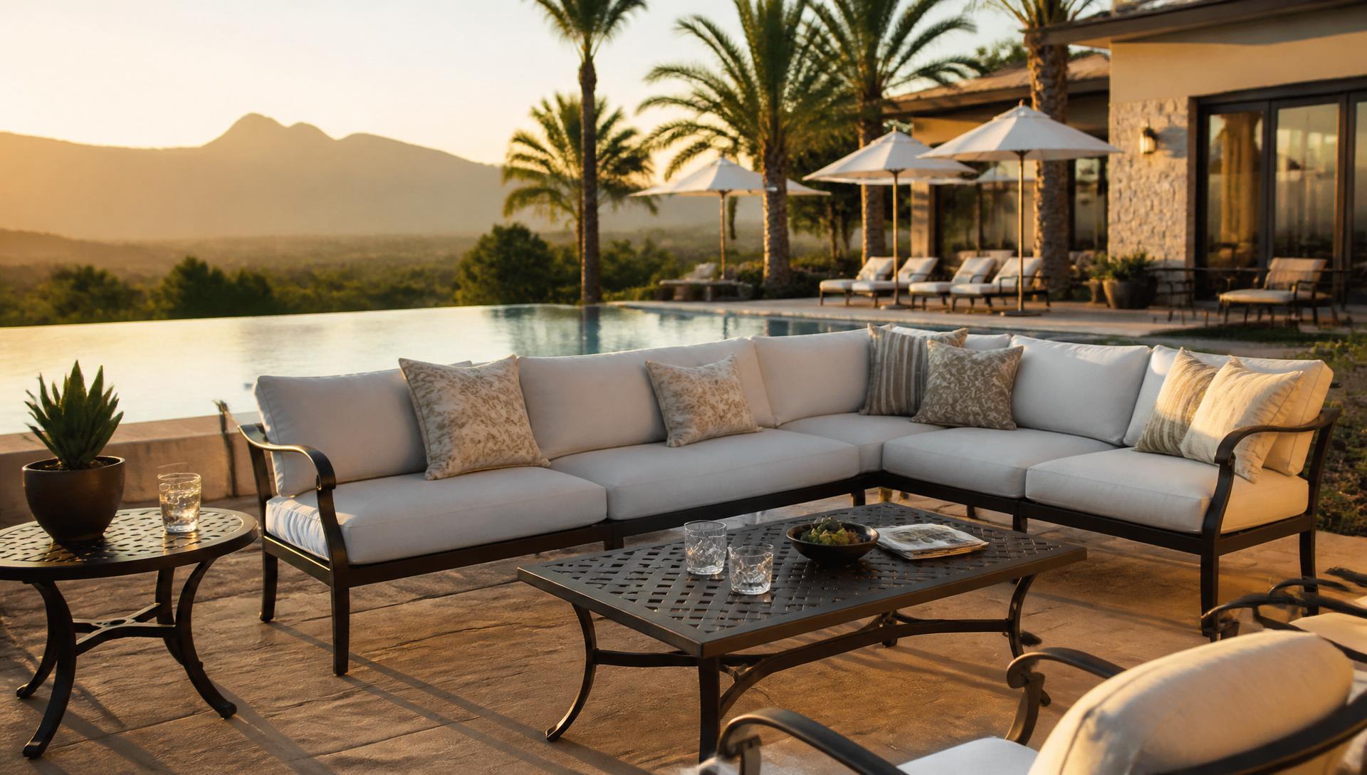 Luxury outdoor patio with pool and lounge furniture at sunset